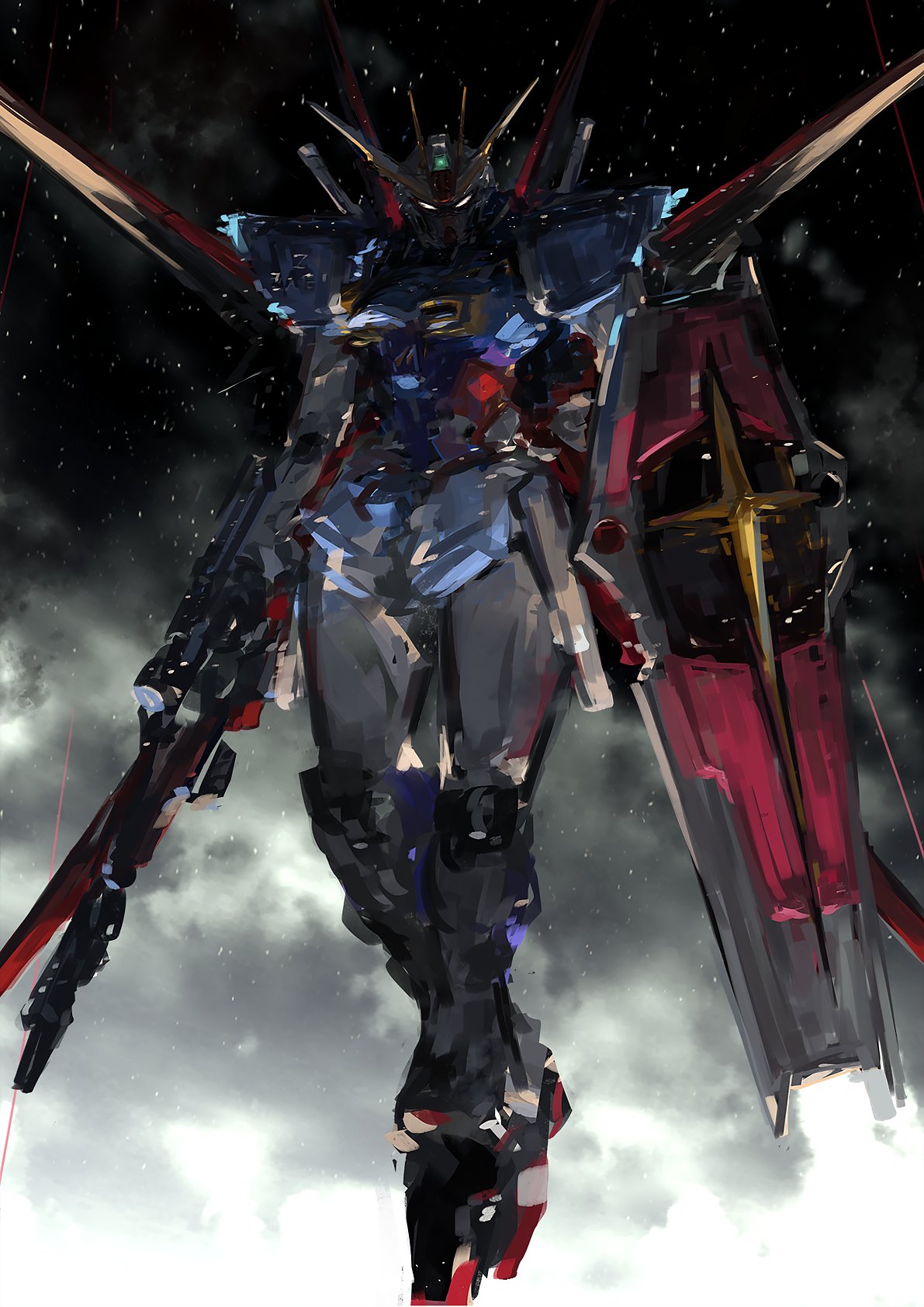 00s beam_rifle clouds commentary_request dark_background energy_gun faux_traditional_media flying glowing glowing_eyes gun gundam gundam_seed gundam_seed_destiny highres holding holding_gun holding_weapon impulse_gundam kikuchi_(ryunennkaiza) mecha no_humans sheath sheathed shield solo star_(sky) sword weapon