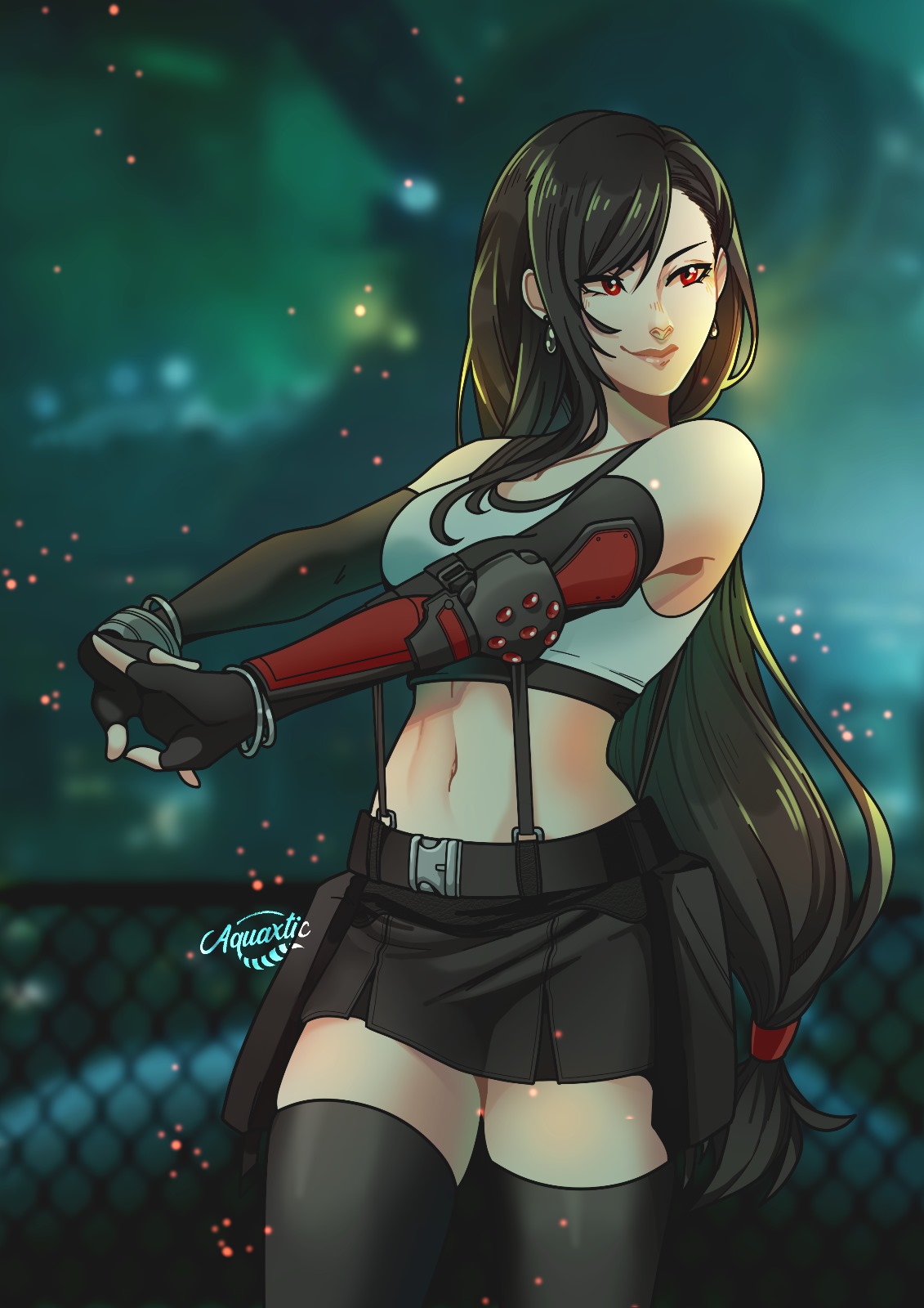 1girl aquaxtic artist_name bare_shoulders black_bra black_gloves black_hair black_skirt black_thighhighs blurry blurry_background bra breasts chain-link_fence closed_mouth cowboy_shot crop_top dangle_earrings earrings elbow_gloves elbow_pads fence final_fantasy final_fantasy_vii final_fantasy_vii_remake fingerless_gloves gloves hair_tie highres jewelry long_hair looking_to_the_side low-tied_long_hair medium_breasts midriff miniskirt navel own_hands_together pleated_skirt red_eyes shirt single_elbow_pad skirt sleeveless sleeveless_shirt smile solo sports_bra stretching suspenders swept_bangs thigh-highs tifa_lockhart underwear white_shirt zettai_ryouiki