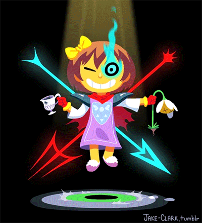 =_= androgynous animated animated_gif black_background blinking bow cape cup energy_blade floating flowey_(undertale) frisk_(undertale) fusion gloves glowing glowing_eye glowing_weapon hair_bow hair_ornament jake_clark lowres pauldrons polearm slippers smile spear spider spotlight teacup trident undertale watermark weapon web_address x_x yellow_skin