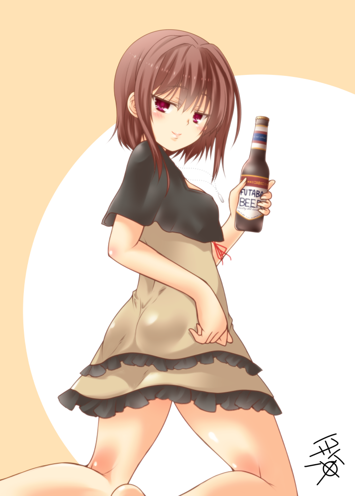 1girl alcohol bare_legs beer beer_bottle blush bottle breasts brown_eyes brown_hair closed_mouth from_behind holding kneepits looking_at_viewer looking_back original short_hair small_breasts smile solo yua_(checkmate)