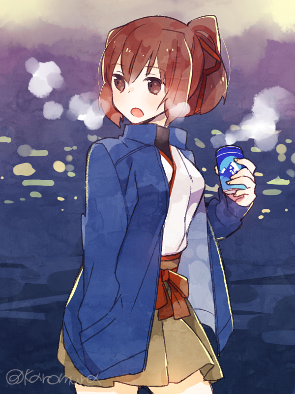 1girl brown_eyes brown_hair canned_coffee cowboy_shot drink hakama_skirt hand_in_pocket holding ise_(kantai_collection) jacket kantai_collection karomura looking_back open_mouth ponytail sketch solo steam twitter_username water