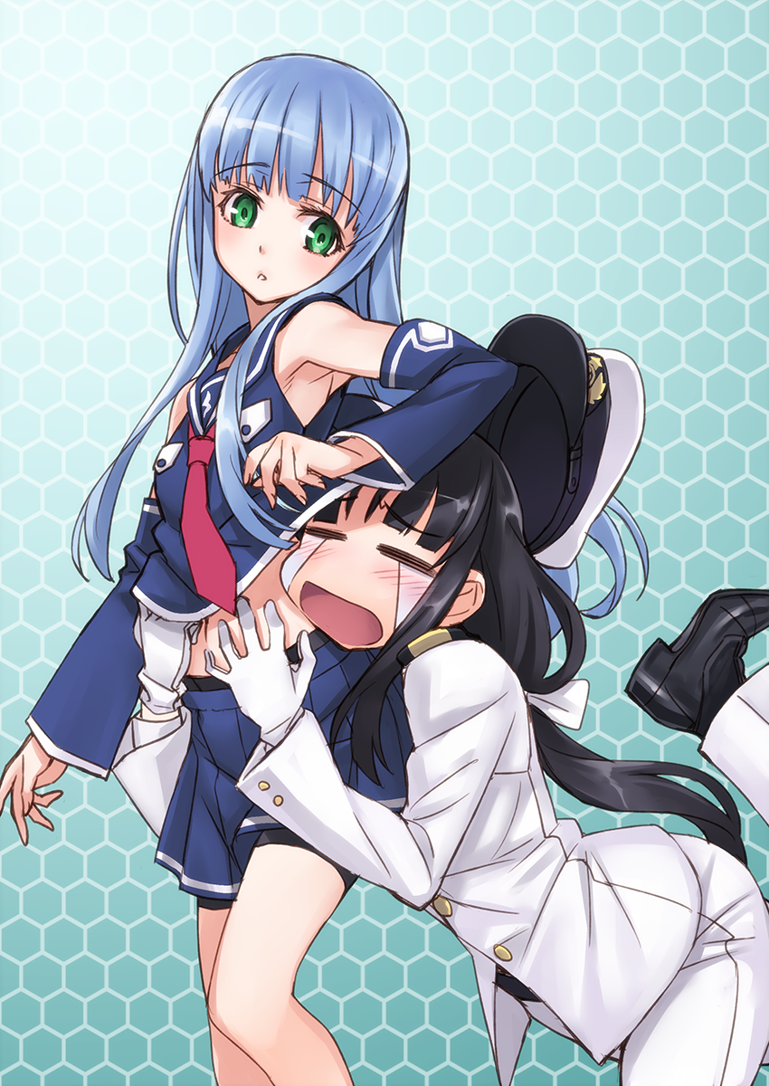 2girls =_= aoki_hagane_no_arpeggio armpits bike_shorts black_hair blue_hair blush crossover crying detached_sleeves female_admiral_(kantai_collection) gloves green_eyes hat hat_removed headwear_removed highres hug hug_from_behind iona kantai_collection long_hair matsuryuu midriff military military_uniform multiple_girls naval_uniform navel open_mouth peaked_cap ponytail sailor_collar shirt shirt_lift shorts_under_skirt skirt sleeveless sleeveless_shirt tears uniform very_long_hair yuri