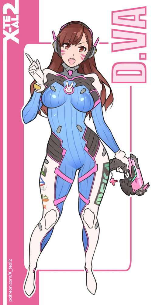 1girl bodysuit breasts brown_hair d.va_(overwatch) facial_mark full_body gun looking_at_viewer medium_breasts overwatch pilot_suit puffy_nipples skin_tight solo thick_thighs thighs weapon whisker_markings x-teal2