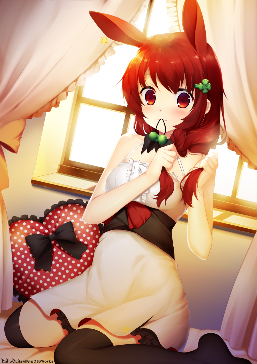 1girl 2016 :3 adjusting_hair animal_ears artist_name backlighting bare_shoulders bed bed_sheet black_bow black_bowtie black_legwear bow bowtie buttons center_frills closed_mouth clover_hair_ornament collarbone curtains detached_collar dress dutch_angle frilled_curtains hair_ornament hair_over_shoulder hairclip heart heart_pillow highres indoors kaho_okashii long_hair looking_at_viewer mouth_hold on_bed orange_bow original pillow polka_dot polka_dot_pillow rabbit_ears red_eyes redhead sash sleeveless sleeveless_dress smile solo thigh-highs tying_hair white_dress window zettai_ryouiki
