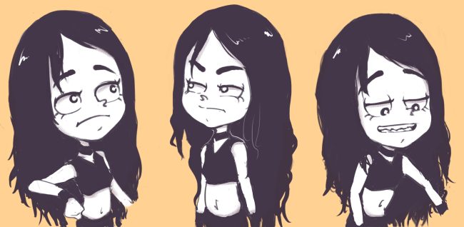 1girl black_hair character_sheet conoghi female long_hair monochrome open_mouth paige_(camp_wwe) shiny shiny_hair simple_background solo tagme