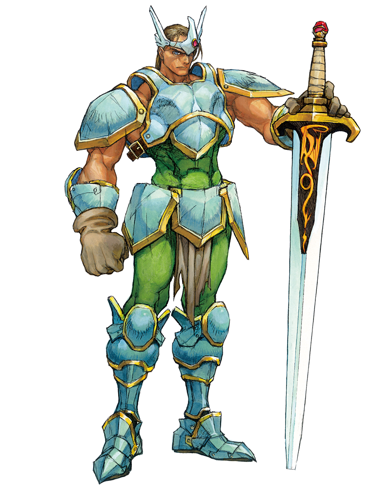 1boy armor armored_boots boots capcom dungeons_&amp;_dragons:_shadow_over_mystara dungeons_and_dragons full_body gloves huge_weapon nishimura_kinu official_art pauldrons simple_background solo sword traditional_media weapon white_background