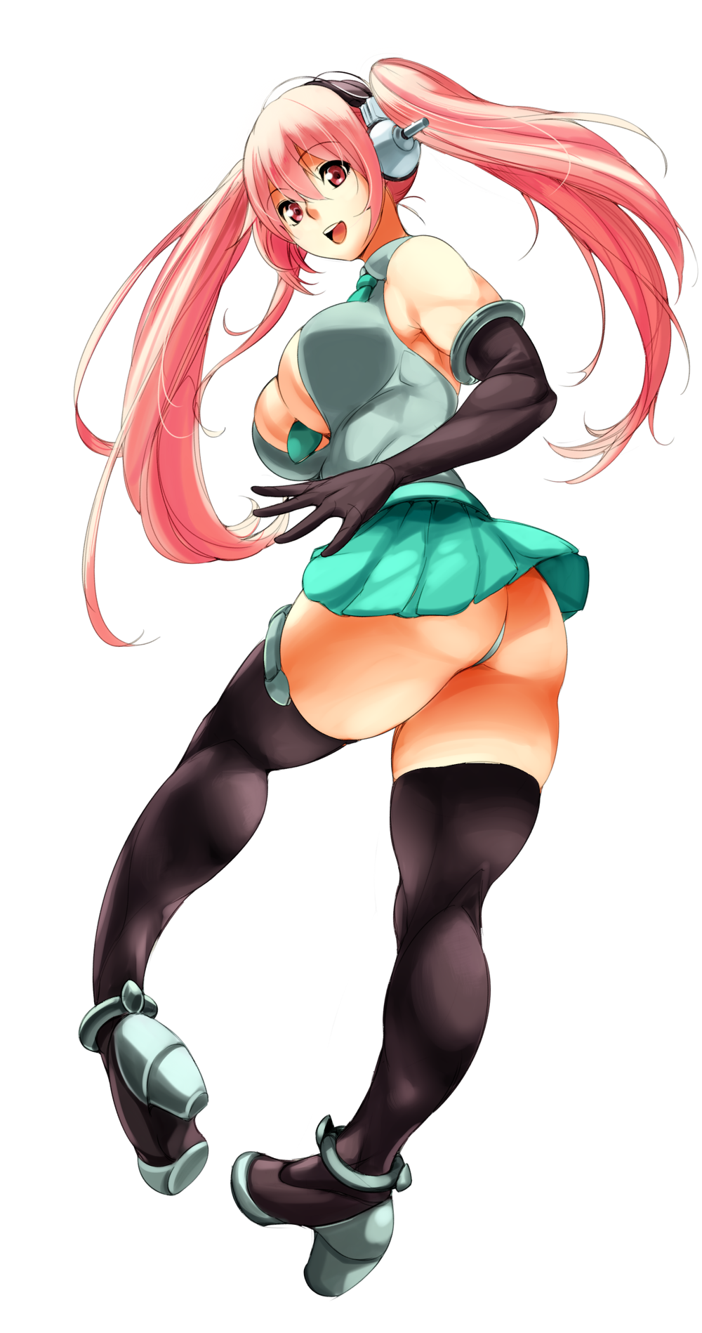 1girl ass bare_shoulders between_breasts black_legwear boots breasts center_opening cleavage elbow_gloves gloves goodsmile_racing headphones highres kuma8132 large_breasts long_hair looking_at_viewer necktie necktie_between_breasts nitroplus open_mouth pink_eyes pink_hair racequeen smile solo super_sonico thigh-highs thigh_boots twintails