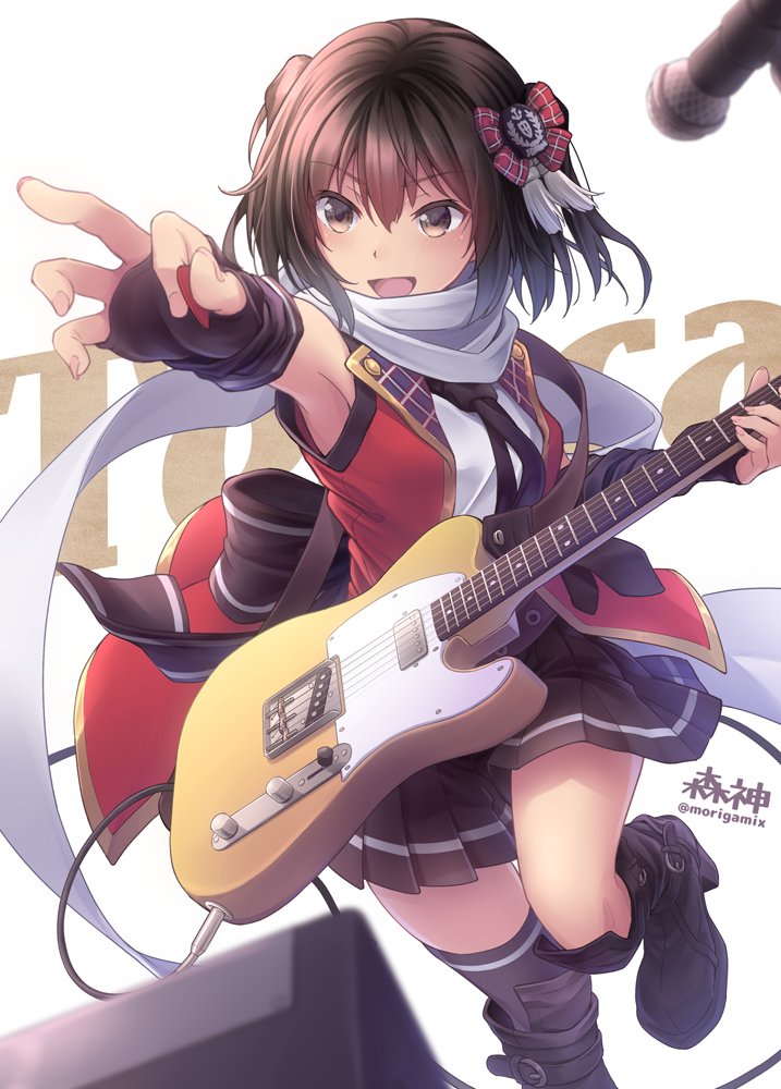 1girl :d adapted_costume armpits black_skirt boots brown_eyes brown_hair commentary_request d-style_wed elbow_gloves electric_guitar eyebrows eyebrows_visible_through_hair fingerless_gloves full_body gloves guitar hair_between_eyes hair_ribbon holding instrument kantai_collection looking_to_the_side microphone mismatched_legwear morigami_(morigami_no_yashiro) necktie open_clothes open_mouth open_shirt pleated_skirt plectrum reaching_out red_shirt ribbon scarf sendai_(kantai_collection) shirt short_hair simple_background skirt sleeveless sleeveless_shirt smile solo speaker striped striped_legwear thigh-highs twitter_username white_background white_scarf white_shirt