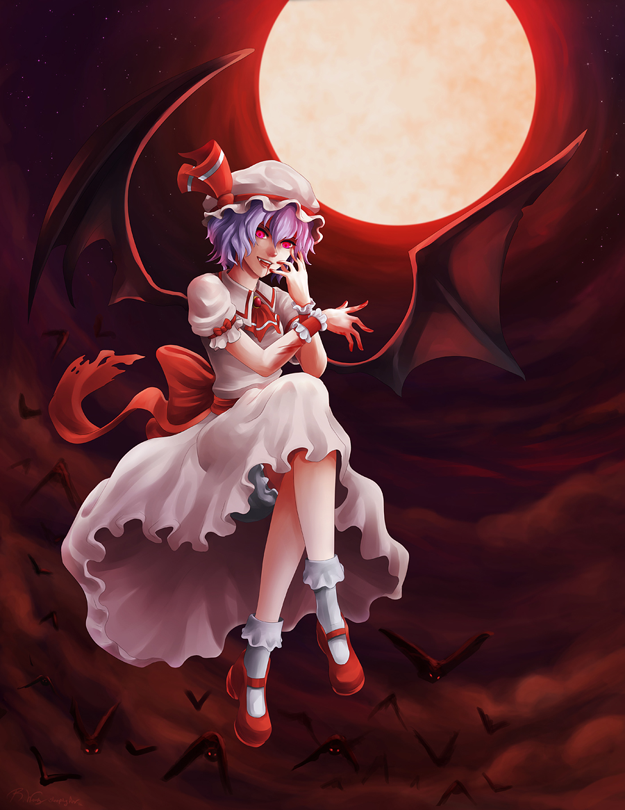 1girl :d ascot backlighting bat bat_wings blood blood_from_mouth bloomers bow brooch dress fang flying full_body full_moon hat hat_ribbon jewelry lavender_hair legs_crossed looking_at_viewer mary_janes mob_cap moon night night_sky open_mouth pink_dress puffy_short_sleeves puffy_sleeves red_bow red_eyes red_moon red_ribbon red_shoes remilia_scarlet ribbon sash shoes short_hair short_sleeves sky sleepingfox smile socks solo star_(sky) starry_sky touhou underwear white_legwear wings wrist_cuffs