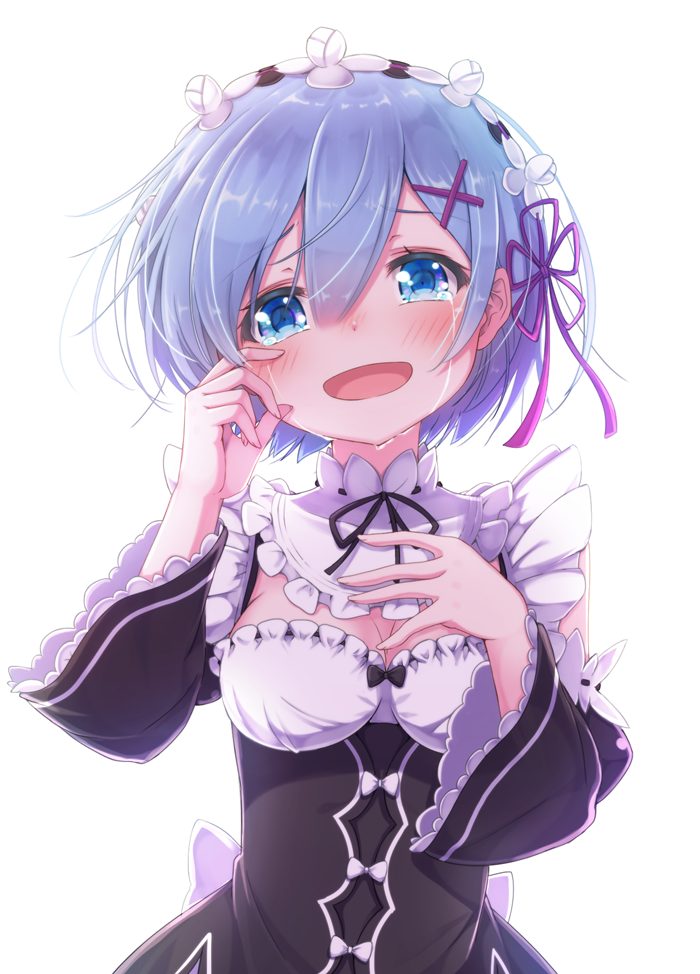 1girl black_dress blue_eyes blue_hair blush breasts crying crying_with_eyes_open detached_sleeves dress face frills hair_ornament hair_over_one_eye looking_at_viewer maid maid_headdress matokechi medium_breasts open_mouth re:zero_kara_hajimeru_isekai_seikatsu rem_(re:zero) ribbon roswaal_mansion_maid_uniform short_hair smile solo tears upper_body x_hair_ornament