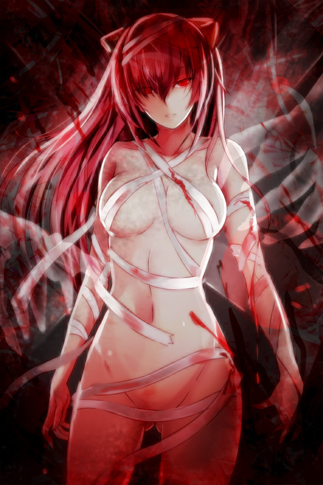 00s 1girl bandage bare_shoulders blood blood_splatter breasts collarbone convenient_censoring cowboy_shot elfen_lied gluteal_fold head_tilt horns large_breasts long_hair looking_at_viewer lucy nakaichi_(ridil) navel nude parted_lips red_eyes redhead solo