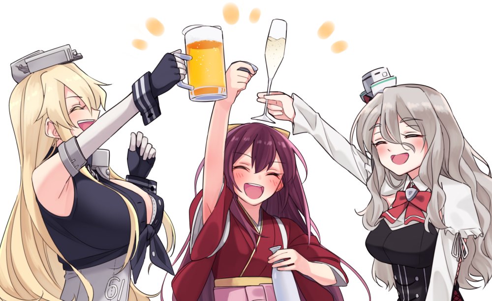 3girls :d ^_^ alcohol beer beer_mug blush bottle breasts closed_eyes cup drinking_glass furo_(harirate) gloves hair_between_eyes hat iowa_(kantai_collection) japanese_clothes kamikaze_(kantai_collection) kantai_collection kimono large_breasts long_hair mini_hat multiple_girls open_mouth pola_(kantai_collection) sakazuki sake_bottle smile wine_glass
