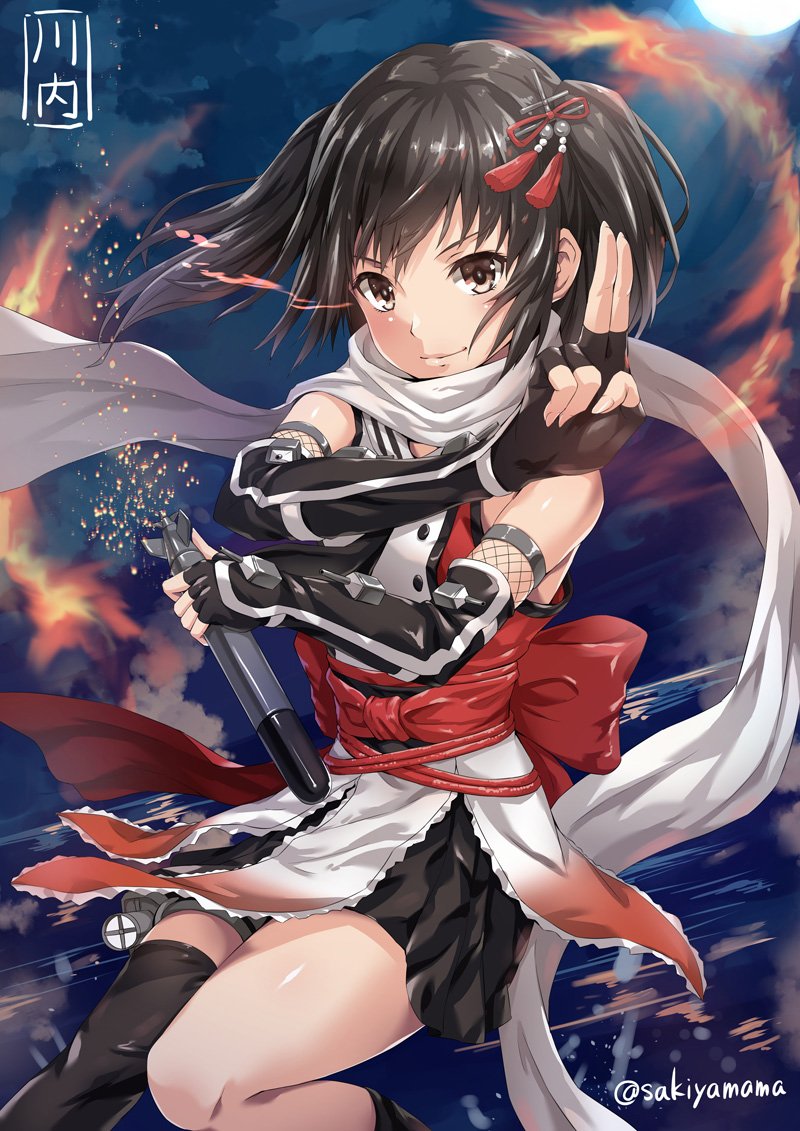 1girl asymmetrical_legwear black black_skirt blush brown_eyes brown_hair character_name commentary_request elbow_gloves fingerless_gloves gloves hair_ornament holding jpeg_artifacts kantai_collection looking_at_viewer night pose remodel_(kantai_collection) revision sakiyamama scarf sendai_(kantai_collection) shiny shiny_clothes shiny_skin signature single_thighhigh skirt sleeveless smile solo thigh-highs torpedo twintails twitter_username two_side_up weapon white_scarf