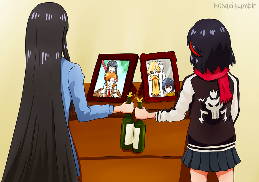 2girls alcohol artist_name beard black_hair bottle champagne cheering chest_of_drawers child dresser drink dual_persona eyepatch facial_hair father's_day female from_behind h0saki holding holding_bottle kill_la_kill kiryuuin_satsuki kiryuuin_souichirou long_sleeves matoi_ryuuko mouse multicolored_hair multiple_girls orange_hair photo_(object) picture_frame pleated_skirt red_scarf redhead scarf short_hair siblings sisters skirt spoilers standing sukajan toast_(gesture) two-tone_hair very_long_hair yellow_background
