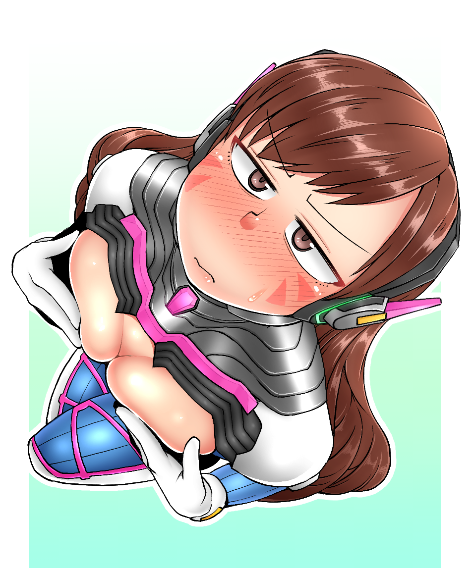 1girl bangs blush bodysuit breast_press breasts breasts_outside brown_eyes brown_hair cleavage covering covering_breasts d.va_(overwatch) facial_mark from_above frown full-face_blush gloves gradient gradient_background green_background hands_on_own_chest headphones kurozu_(crozu) long_hair looking_at_viewer looking_up overwatch pillarboxed pilot_suit skin_tight solo sweatdrop swept_bangs whisker_markings white_background white_gloves