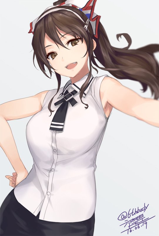 1girl alternate_costume alternate_hairstyle ashigara_(kantai_collection) bare_arms brown_eyes brown_hair dated fang grey_background hairband hand_on_hip kantai_collection long_hair open_mouth ponytail rokuwata_tomoe shirt signature simple_background sleeveless sleeveless_shirt smile solo twitter_username