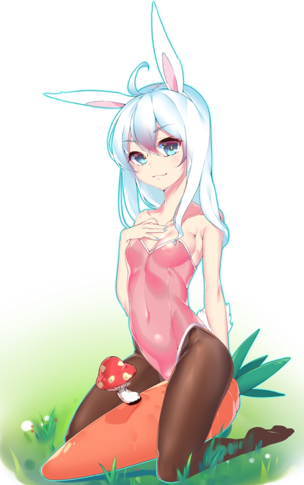 1girl animal_ears blue_eyes breasts bunny_tail bunnysuit carrot covered_navel grass hand_on_own_chest kneeling long_hair mushroom no_shoes original pantyhose qing_lan rabbit_ears small_breasts solo tail white_hair