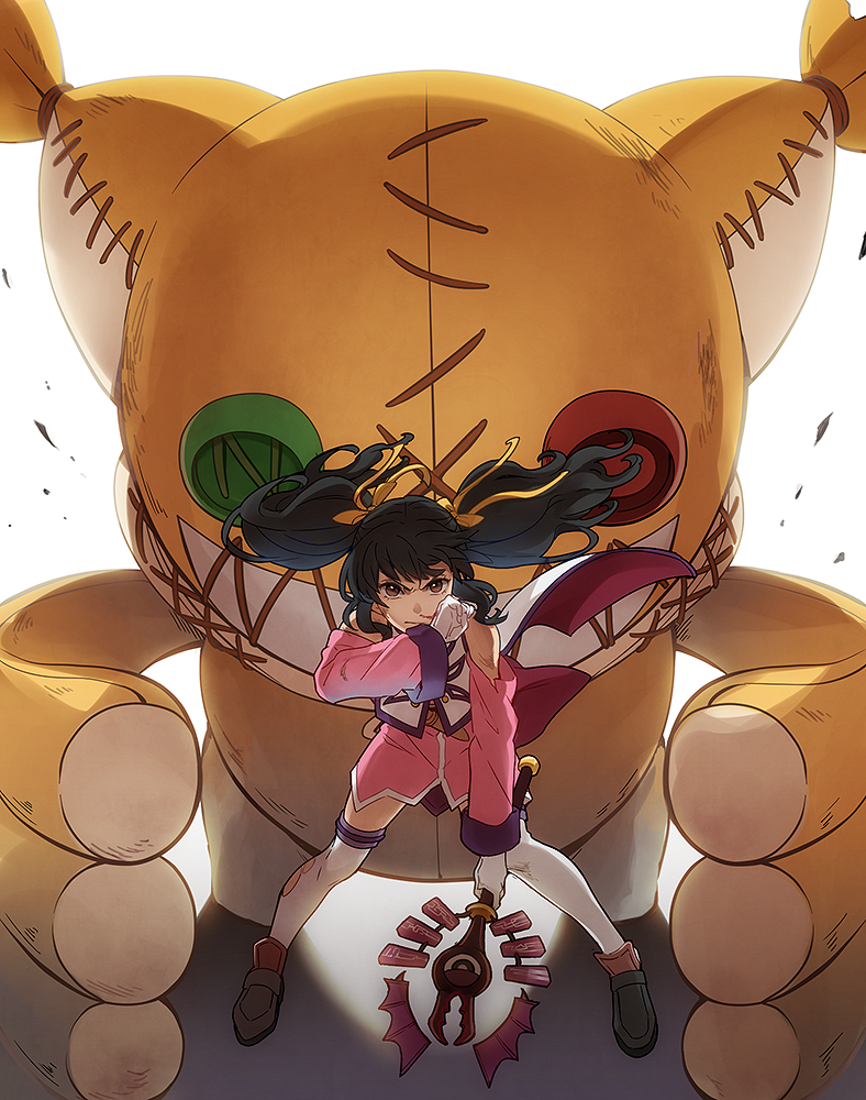1girl anise_tatlin black_hair bloody_nose brown_eyes button_eyes clenched_hand detached_sleeves gloves hair_ribbon holding_staff legs_apart long_sleeves looking_at_viewer nuku ribbon shoes stuffed_animal stuffed_toy tales_of_(series) tales_of_the_abyss thigh-highs tokunaga torn_clothes torn_thighhighs twintails white_background white_gloves white_legwear wind yellow_ribbon