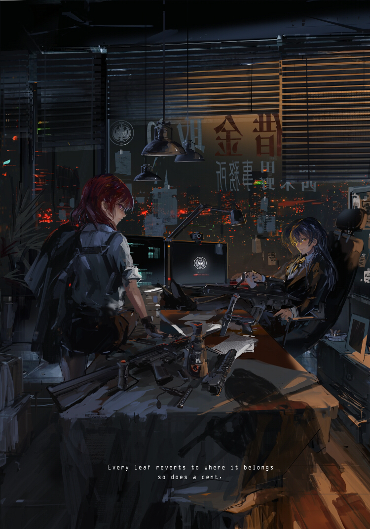 2girls ashtray assault_rifle ayase_eli blinds blue_hair building chair city computer g36 grenade_launcher gun long_hair looking_back love_live! love_live!_school_idol_project m16 m203 multiple_girls nishikino_maki office office_chair red_eyes redhead reflection rifle shadow shoulder_holster sitting skyscraper soldier_game sonoda_umi stu_dts underbarrel_grenade_launcher weapon window yellow_eyes