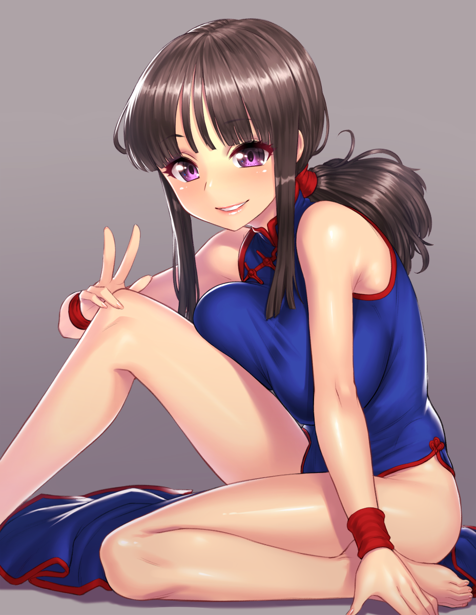 1girl barefoot black_hair blush breasts chi-chi_(dragon_ball) china_dress chinese_clothes dragon_ball dress grin highres long_hair looking_at_viewer md5_mismatch pelvic_curtain ponytail side_slit sidelocks sitting smile solo violet_eyes yapo_(croquis_side)