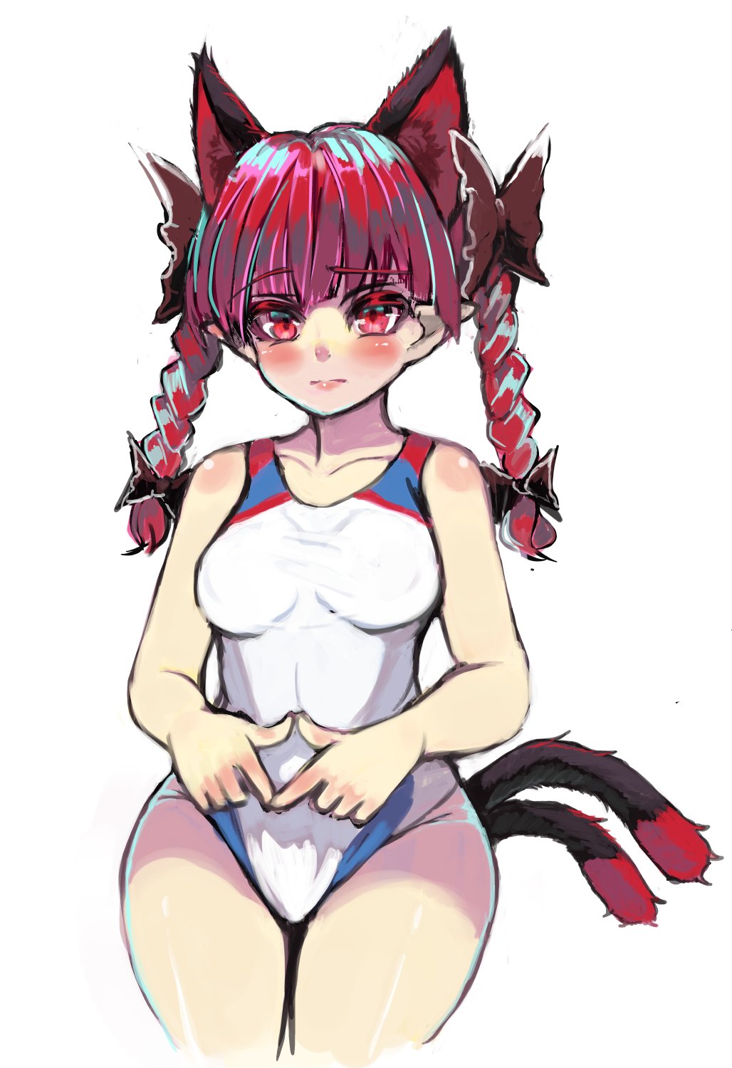 1girl animal_ears blush braid cat_ears cat_tail extra_ears fingers_together hair_ribbon highres kaenbyou_rin long_hair multiple_tails one-piece_swimsuit pointy_ears red_eyes redhead ribbon simple_background solo swimsuit tail touhou tress_ribbon twin_braids white_background yata_(toribako)