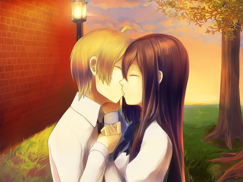 10s 1boy 1girl aerlai black_hair blonde_hair brown_hair closed_eyes couple from_side game_cg hand_holding hetero ikezawa_hanako katawa_shoujo kiss long_hair nakai_hisao necktie outdoors profile purple_hair school_uniform shirt short_hair sidelocks tree visible_ears wall