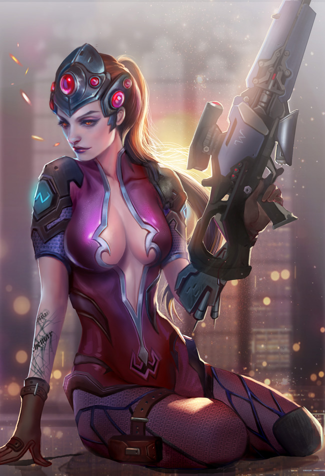 1girl arm_at_side arm_support backlighting bloom bodysuit breasts brown_gloves brown_hair cleavage closed_mouth collarbone full_body gloves gun head_mounted_display holding holding_gun holding_weapon holster long_hair looking_afar looking_to_the_side overwatch pocket ponytail purple_lips red_eyes sitting smile solo thigh_holster thigh_strap trigger_discipline weapon widowmaker_(overwatch) yang_fan yokozuwari