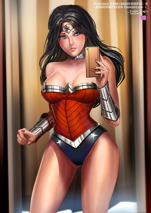 1girl badcompzero bare_shoulders black_hair breasts cleavage collar dc_comics long_hair self_shot solo thighs wonder_woman wonder_woman_(series)