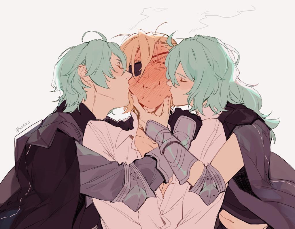 1girl 2boys :&gt; armor bisexual_(male) blonde_hair blush byleth_(fire_emblem) byleth_eisner_(female) byleth_eisner_(male) cheek_kiss closed_eyes dimitri_alexandre_blaiddyd double_cheek_kiss embarrassed eyepatch fire_emblem fire_emblem:_three_houses full-face_blush green_hair hand_on_another's_chin hetero kiss multiple_boys sandwiched upper_body worvies yaoi