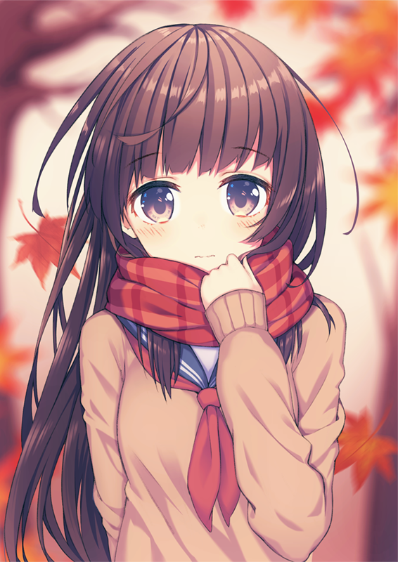 1girl arm_behind_back autumn_leaves bare_tree blurry blush brown_eyes brown_hair depth_of_field eyebrows eyebrows_visible_through_hair hand_up holding_clothes kawami_nami long_hair looking_at_viewer neckerchief original plaid plaid_scarf scarf school_uniform serafuku sleeves_past_wrists solo sweater tree upper_body wavy_mouth