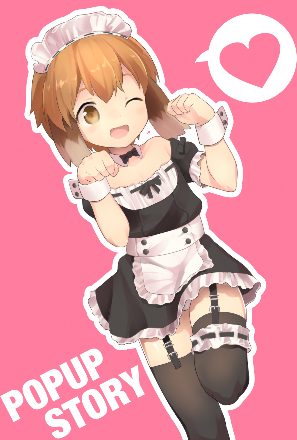 1boy alternate_costume animal_ears blush bow bowtie brown_eyes brown_hair cocolo_(co_co_lo) copyright_name crossdressinging detached_collar dog_ears dog_tail dress enmaided garter_straps heart highres maid maid_headdress male_focus one_leg_raised open_mouth panties pantyshot paw_pose pop-up_story ribbon short_hair skirt skirt_lift solo spoken_heart tail thigh-highs trap underwear wrist_cuffs yuri_ressen