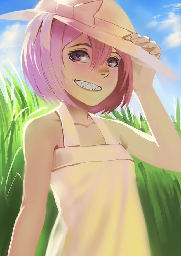 1girl blue_sky dress field flat_chest grin hair_between_eyes hat original pink_eyes pink_hair sharp_teeth sky smile solo sun_hat sundress teeth white_dress zakusi