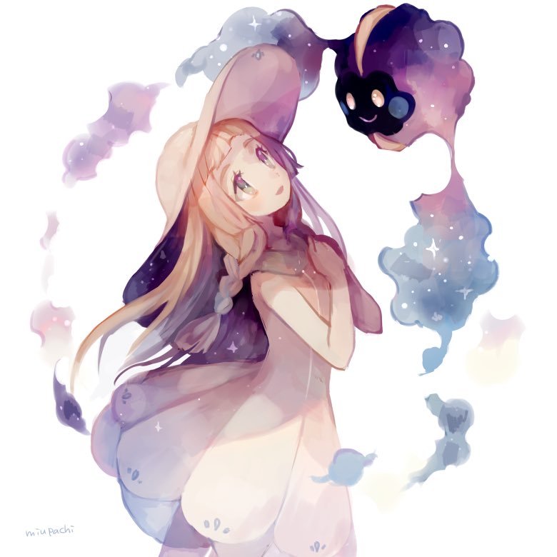 1girl :d bare_arms blonde_hair braid cosmog dress green_eyes hat lillie_(pokemon) long_hair looking_at_another miu_pachi open_mouth pokemon pokemon_(creature) pokemon_(game) pokemon_sm simple_background sleeveless sleeveless_dress smile solo sun_hat twin_braids white_background white_dress white_hat