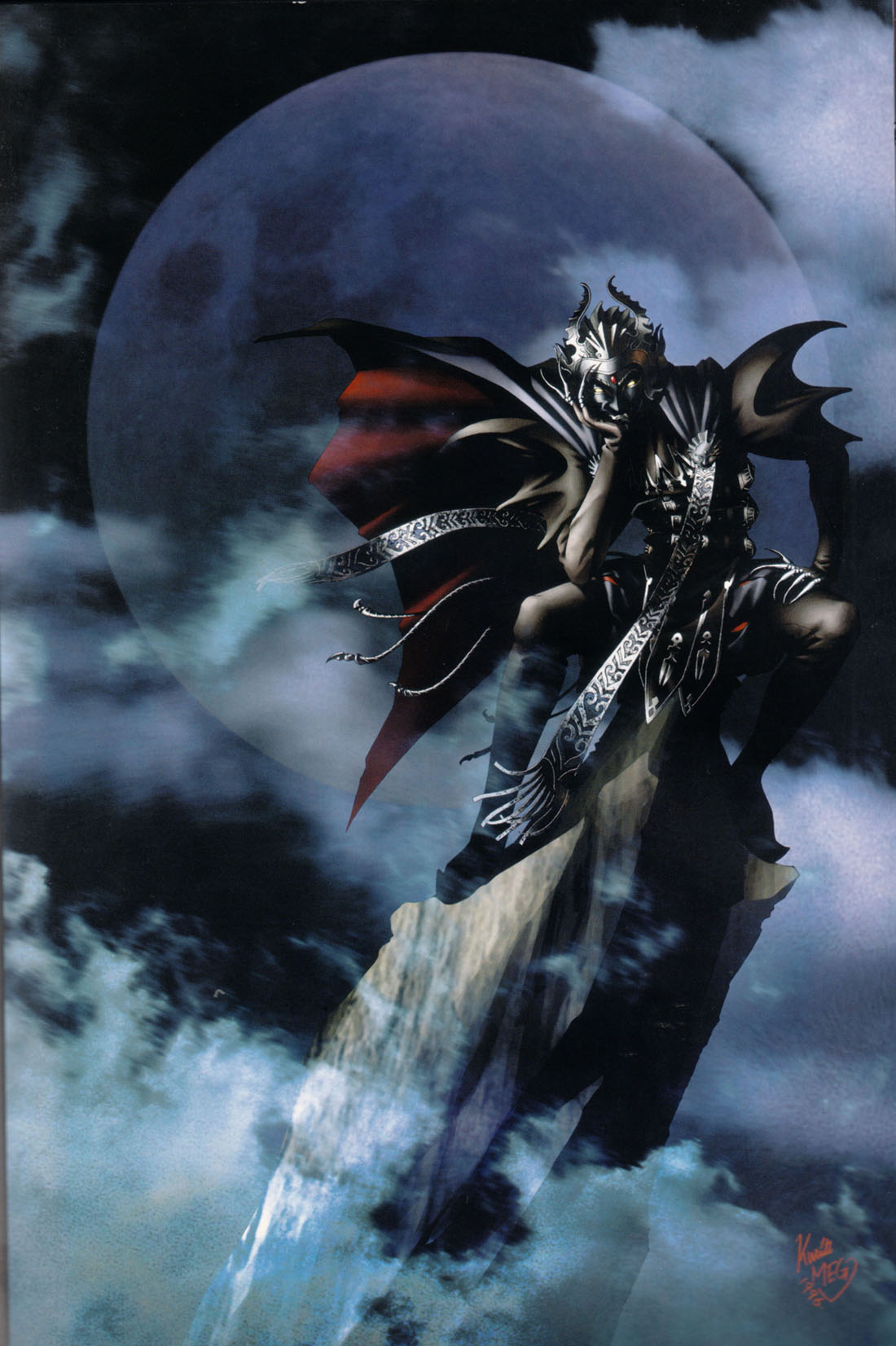 1996 1boy 90s artist_name belt cape chin_rest claws cliff clouds cloudy_sky forehead_jewel highres horns kazuma_kaneko moon official_art persona persona_1 pointy_shoes shoes sitting sky teeth vishnu