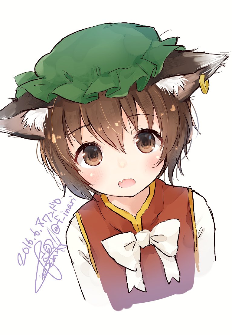1girl animal_ears brown_eyes brown_hair cat_ears chen earrings fushimi_sameta hat jewelry mob_cap multiple_tails nekomata open_mouth short_hair simple_background single_earring solo tail touhou white_background