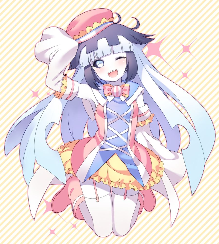 1girl ;d black_hair blue_hair blush boots detached_sleeves diagonal_stripes full_body garter_straps hat head_tilt knees_together_feet_apart looking_at_viewer multicolored_hair one_eye_closed open_mouth pale_skin pink_boots pop'n_music schall_(pop'n_music) shirt shouni_(sato3) sleeveless sleeveless_shirt sleeves_past_wrists smile solo sparkle thigh-highs two-tone_hair white_legwear yellow_shirt