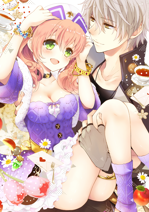 1boy 1girl :d amiko_(frostedchocolate) apple apple_slice atelier_(series) atelier_escha_&amp;_logy bracelet braid breasts carrying choker cleavage couple cowboy_shot cup escha_malier fingerless_gloves food fork fruit gloves green_eyes grey_gloves grey_hair hat hetero jewelry logix_ficsario looking_at_another messy_hair open_mouth pink_hair princess_carry purple_skirt short_hair skirt smile tea teacup thighlet twintails yellow_eyes