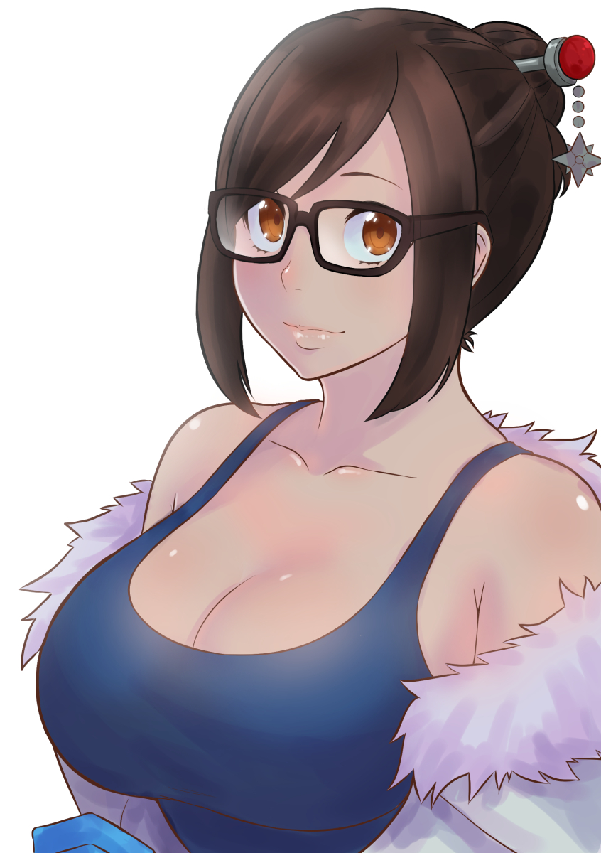 1girl bangs bare_shoulders beads bl00d_h00d black-framed_eyewear black-framed_glasses breasts brown_eyes brown_hair cleavage coat collarbone dress fur-lined_jacket fur_coat fur_trim glasses hair_bun hair_ornament hair_stick hairpin highres jacket large_breasts lips looking_at_viewer mei_(overwatch) off_shoulder open_clothes open_jacket overwatch parka short_hair sidelocks smile snowflake_hair_ornament solo swept_bangs tank_top upper_body winter_clothes winter_coat