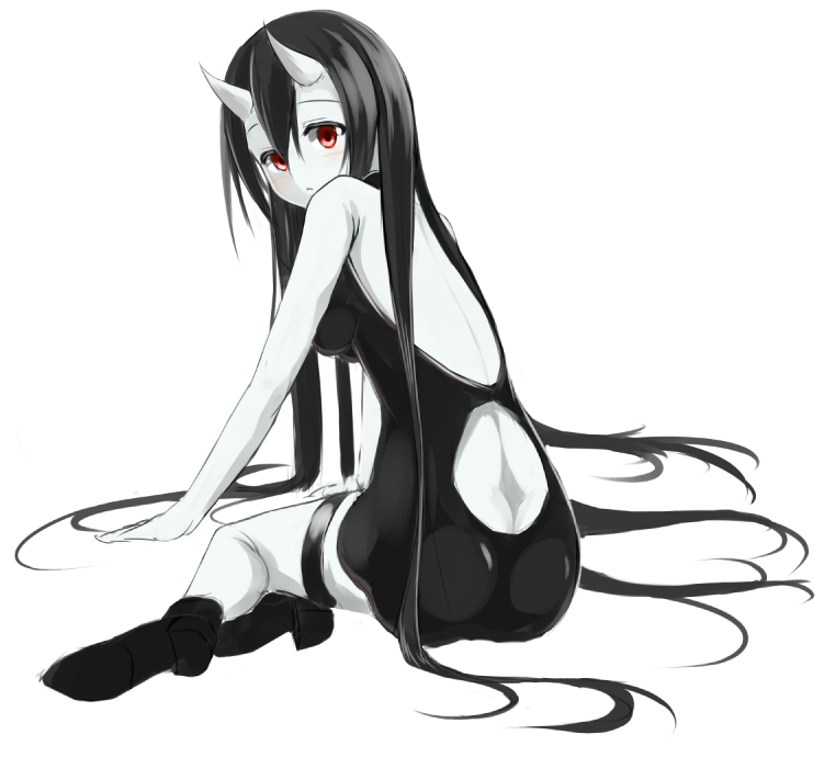 1girl :&lt; arm_support ass bare_shoulders battleship_hime black_dress black_hair black_shoes blush butt_crack demon_girl dress female from_behind full_body hazuki_gyokuto kantai_collection long_hair looking_at_viewer looking_back monochrome oni_horns open-back_dress pale_skin red_eyes shinkaisei-kan shoes short_dress sitting sleeveless solo spot_color thigh_strap very_long_hair white_background white_skin