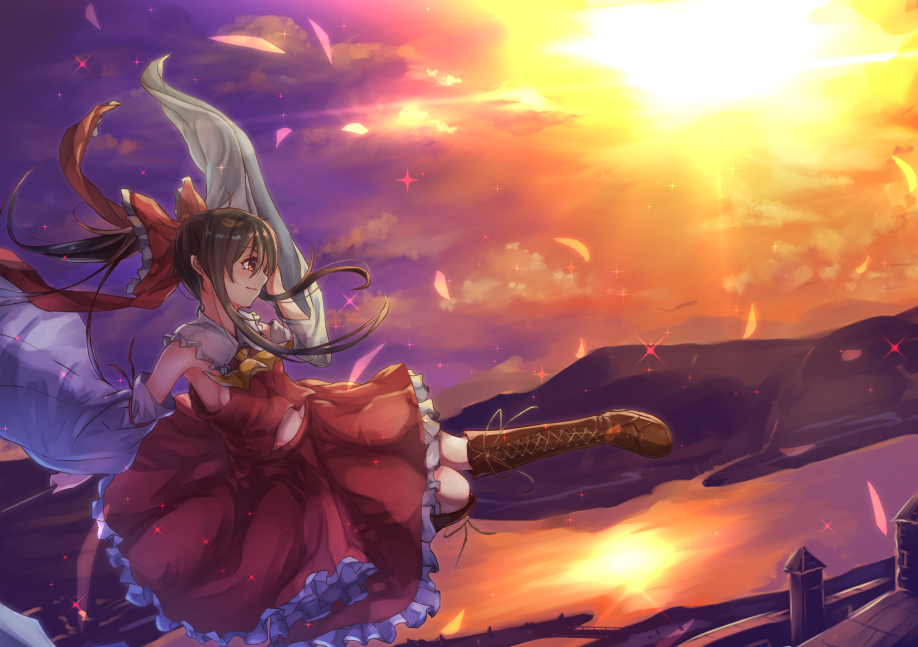 1girl arm_ribbon ascot black_hair boots borushichi bridge brown_boots clouds collar cross-laced_footwear detached_sleeves floating frilled_collar frilled_shirt_collar frilled_skirt frills gohei hair_ribbon hakurei_reimu knee_boots lace-up_boots light_trail looking_afar midriff misty_lake mountain navel orange_sky perspective petals ponytail purple_sky red_eyes red_shirt red_skirt reflection ribbon scarlet_devil_mansion shiny shiny_hair shirt silhouette skirt sky sleeveless sleeveless_shirt smile solo sparkle sun sunlight touhou tower twilight wide_sleeves
