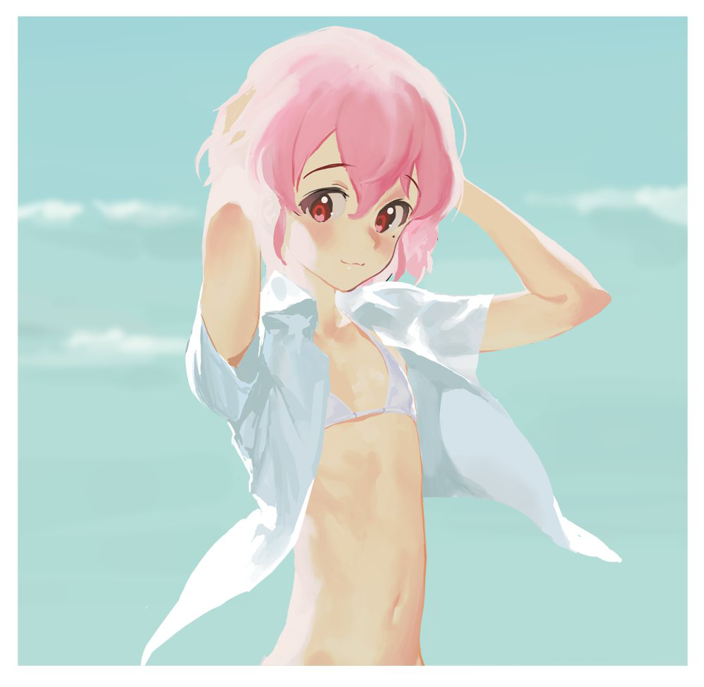 1boy armpit_peek arms_up bikini blush braid crossdressinging leona_west looking_at_viewer male_focus mole mole_under_eye navel open_clothes open_shirt pink_eyes pink_hair pripara rr_(suisse200) shirt short_hair smile solo swimsuit trap