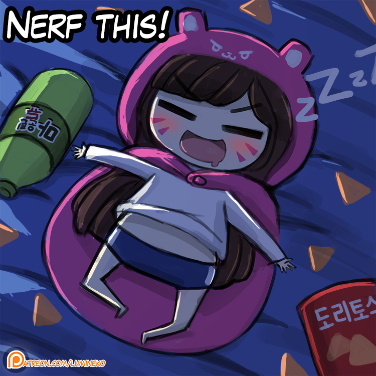 &gt;:3 1girl :3 adapted_costume chibi chips cosplay d.va_(gremlin) d.va_(overwatch) doma_umaru doma_umaru_(cosplay) english facial_mark food hamster_hood himouto!_umaru-chan komaru komaru_(cosplay) korean lumineko lying on_back overwatch parody patreon potato_chips sleeping translated whisker_markings zzz