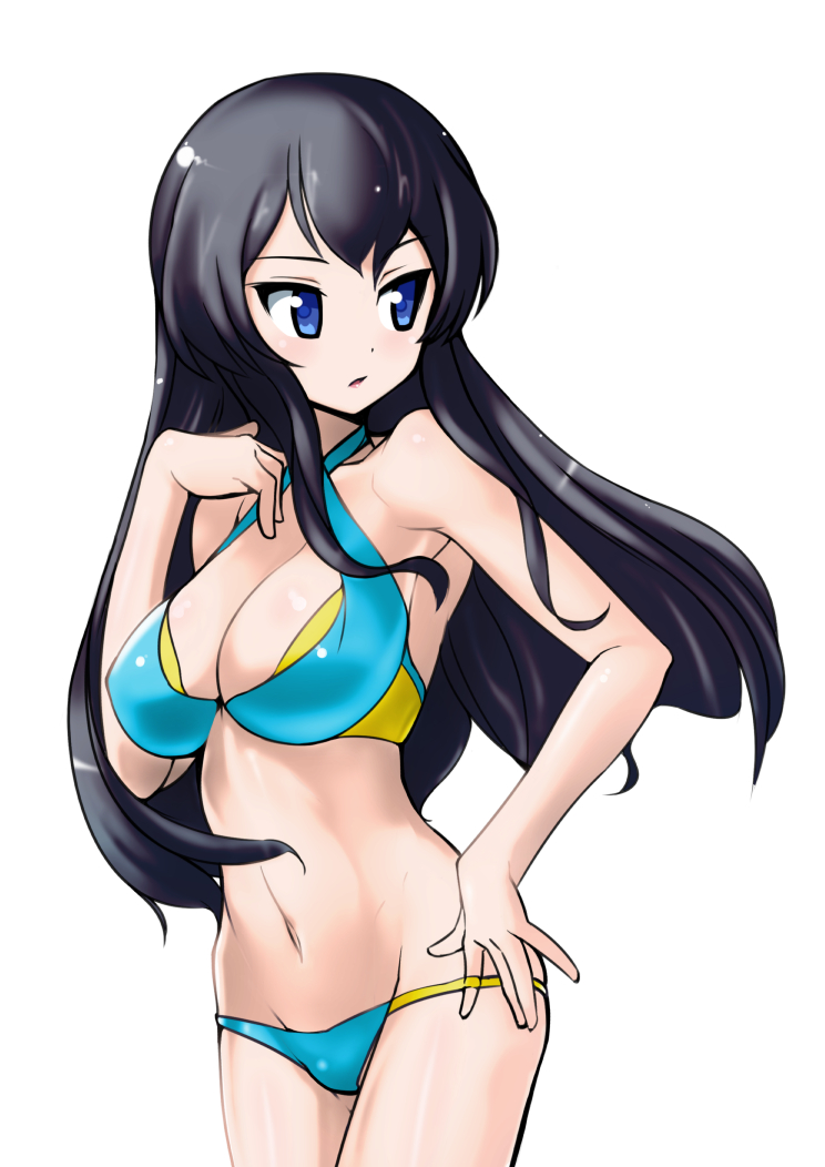 1girl adjusting_clothes adjusting_swimsuit aegis_(nerocc) bikini black_hair blue_eyes breasts cleavage eclair_(girls_und_panzer) girls_und_panzer girls_und_panzer_gekitou!_maginot-sen_desu!! hand_on_hip large_breasts long_hair looking_to_the_side multicolored_bikini parted_lips solo standing swimsuit
