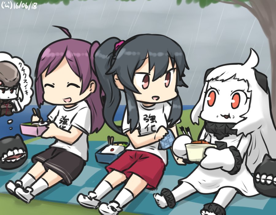 3girls :d ^_^ ahoge black_hair casual closed_eyes commentary dated destroyer_water_oni eating escort_fortress_(kantai_collection) food food_on_face gym_shorts gym_uniform hagikaze_(kantai_collection) hamu_koutarou handkerchief horns kantai_collection long_hair mittens multiple_girls northern_ocean_hime obentou open_mouth orange_eyes ponytail purple_hair rain red_eyes rice rice_on_face shinkaisei-kan shorts side_ponytail smile thought_bubble tree white_hair white_skin yahagi_(kantai_collection)