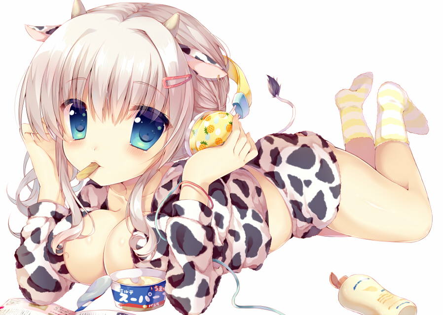 1girl animal_ears bangs blue_eyes blush breasts cable cleavage cow_ears cow_horns cow_print cow_tail earrings eating eyebrows eyebrows_visible_through_hair food hair_between_eyes hair_ornament hair_tie hairclip hands_on_headphones headphones holding horns ice_cream ice_cream_spoon jewelry large_breasts legs_up long_hair long_sleeves looking_at_viewer lotion_bottle lying magazine mouth_hold no_shoes okazaki_mirute on_stomach open_magazine original pineapple_print shorts silver_hair socks solo striped striped_legwear tail