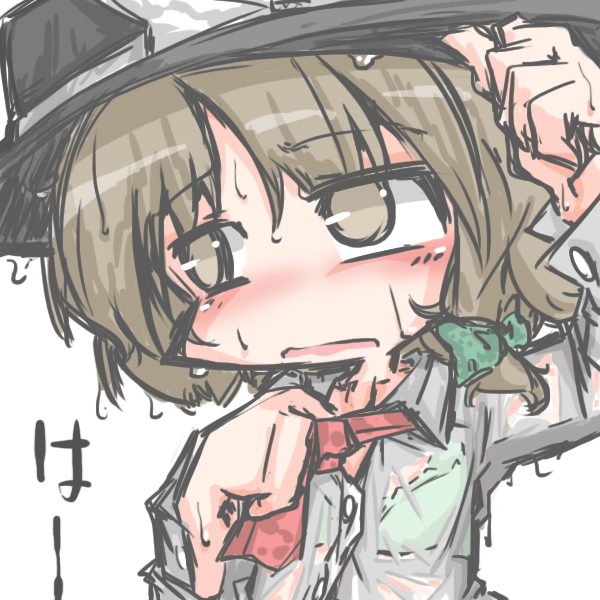 1girl black_hat brown_eyes brown_hair green_ribbon hair_ribbon hat hat_ribbon kureha_mitsushige necktie red_necktie ribbon short_hair solo touhou usami_renko