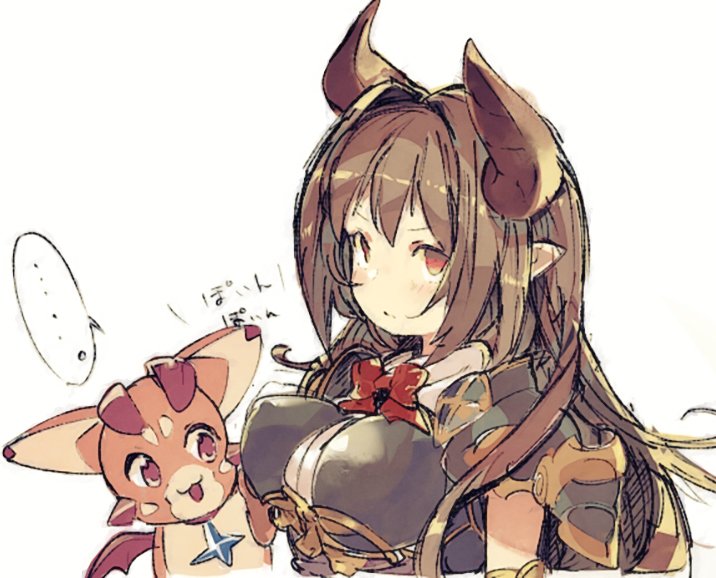 ... 1girl armor black_hair bouncing_breasts bow breastplate breasts brown_hair doraf dragon erect_nipples forte_(granblue_fantasy) forte_(shingeki_no_bahamut) gorirago granblue_fantasy hair_intakes horns impossible_clothes long_hair pointy_ears red_bow red_eyes speech_bubble spoken_ellipsis upper_body vee_(granblue_fantasy)