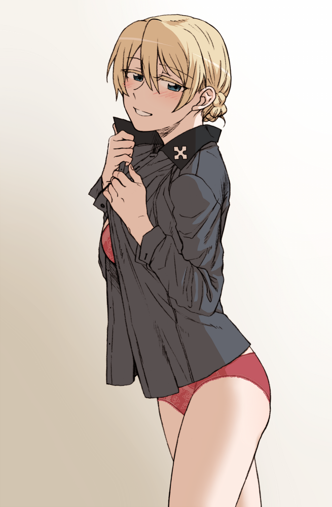 1girl bangs bare_legs blonde_hair blue_eyes blush bra braid commentary_request darjeeling girls_und_panzer gradient gradient_background hair_up jacket lace lace-trimmed_bra lace-trimmed_panties looking_at_viewer military military_uniform panties red_bra red_panties shadow smile solo torinone underwear uniform