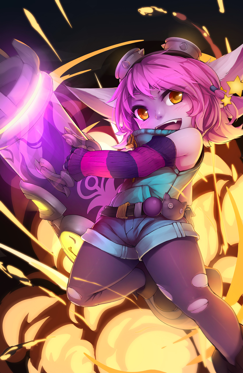 1girl arm_warmers bare_shoulders belt blush cannon denim denim_shorts earrings explosion fang fingerless_gloves gloves goggles goggles_on_head highres jewelry kerasu league_of_legends looking_at_viewer pantyhose pink_hair pointy_ears purple_skin ricegnat riot_girl_tristana shorts solo star star_earrings torn_clothes torn_pantyhose tristana yellow_eyes yordle