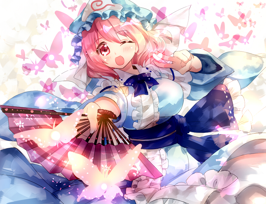 1girl bangs blush breasts butterfly cowboy_shot fan folding_fan foreshortening glowing_butterfly hair_between_eyes hand_up hat long_sleeves looking_at_viewer mob_cap nagare obi one_eye_closed open_mouth pink_eyes pink_hair ribbon-trimmed_collar ribbon_trim saigyouji_yuyuko sash shiny shiny_hair short_hair simple_background smile solo touhou triangular_headpiece v veil white_background wide_sleeves